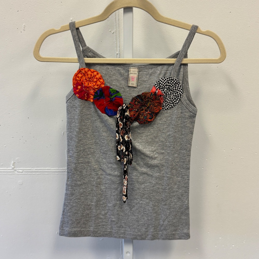 Petro Zillia Special T Gray Cotton Yo-Yo Floral Embellished Cami Tank Top M/L